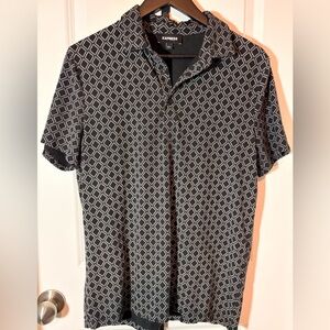 Dressy and Soft Express Black and White Men's Collared Short Sleeve Top- Medium